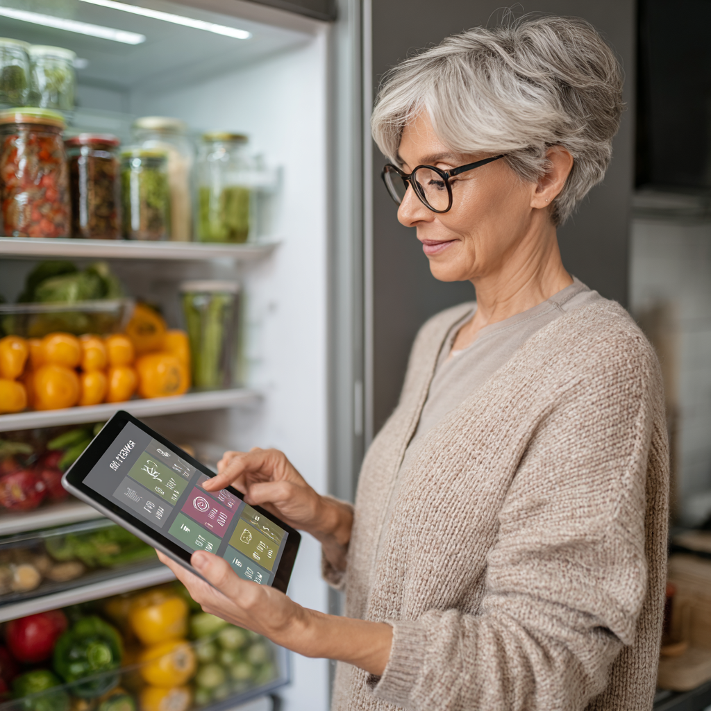 Жінка віком 52 роки тримає планшет з 7-денним планом харчування kramvendir, стоїть біля холодильника з здоровими продуктами
