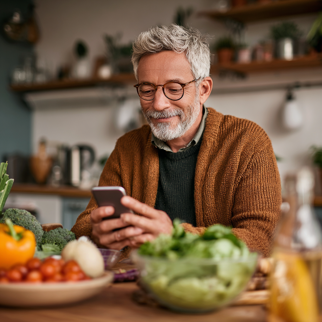 Чоловік віком 58 років дивиться на свій смартфон з додатком kramvendir, сидить за столом з здоровою їжею
