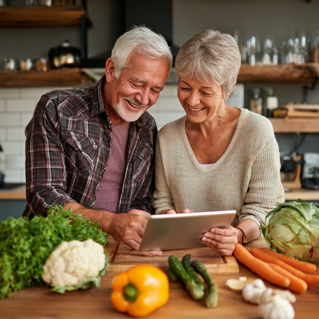 Пара віком близько 60 років готує здорову їжу разом на кухні, посміхається та використовує планшет з рецептами